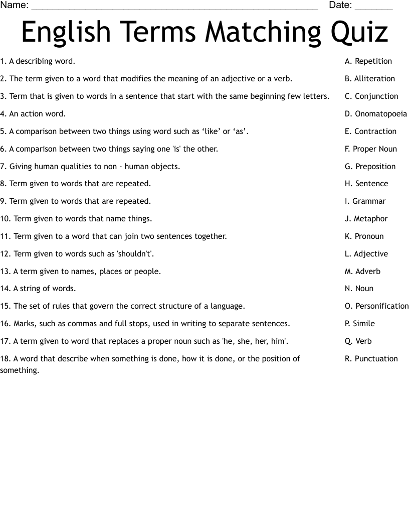 English Terms Matching Quiz Worksheet