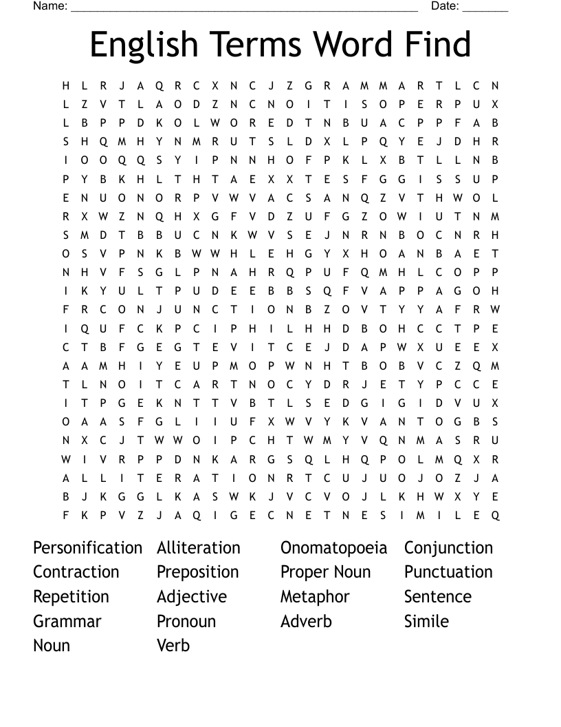 English Terms Word Find Word Search