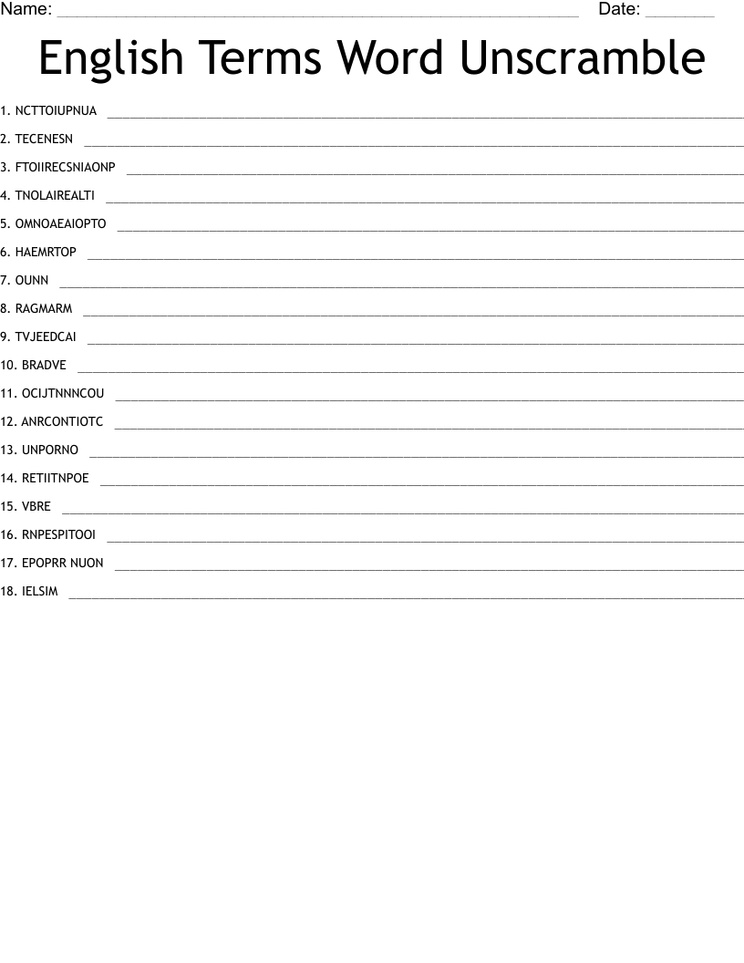 English Terms Word Unscramble