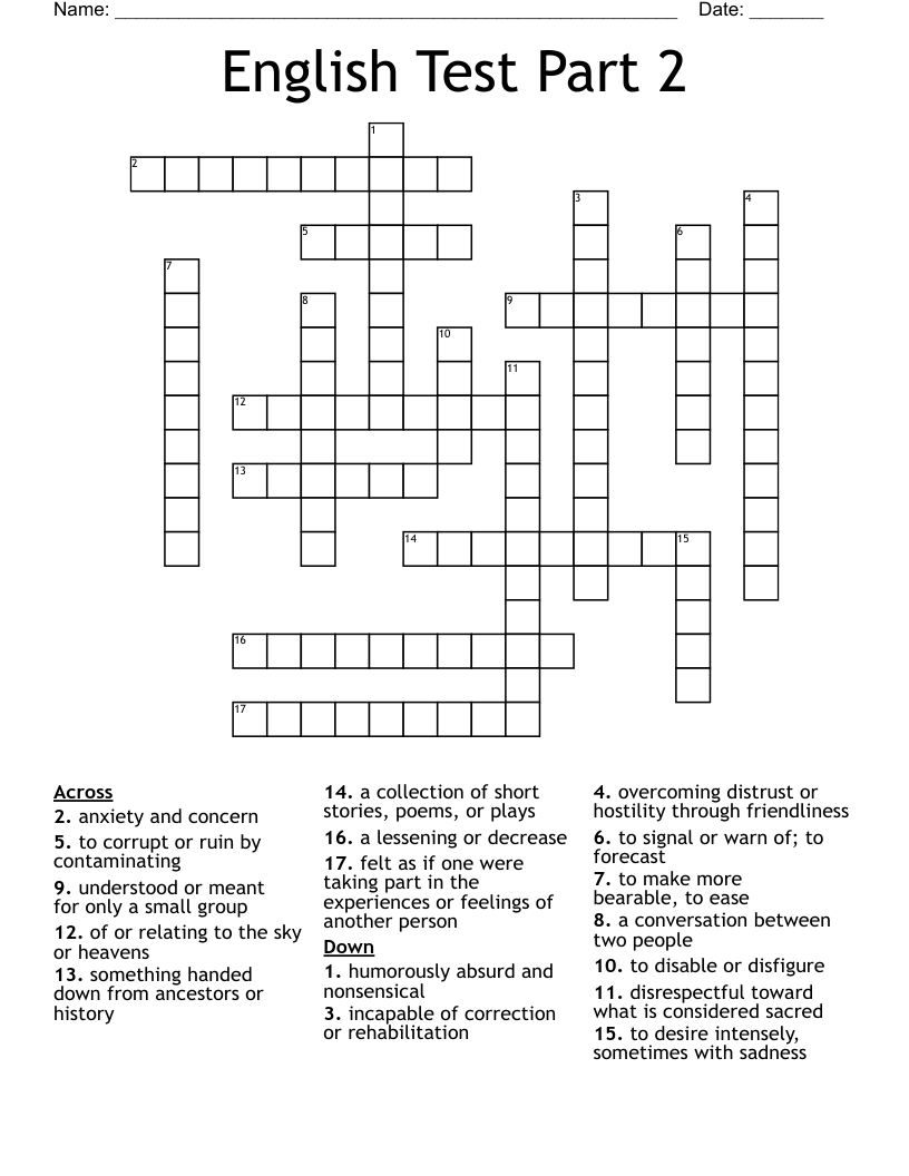 English Test Part 2 Crossword