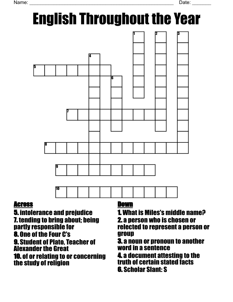English Throughout the Year Crossword