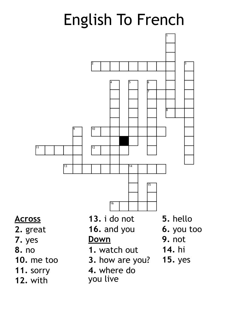 English To French Crossword