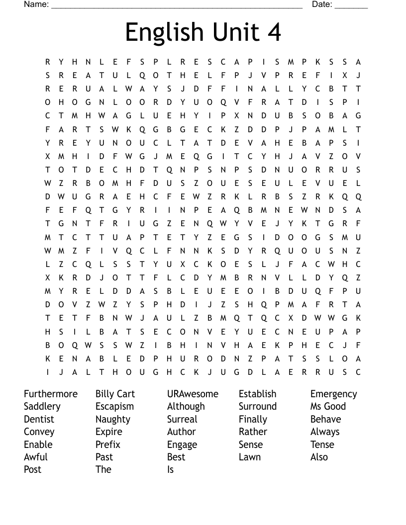 English Unit 4  Word Search