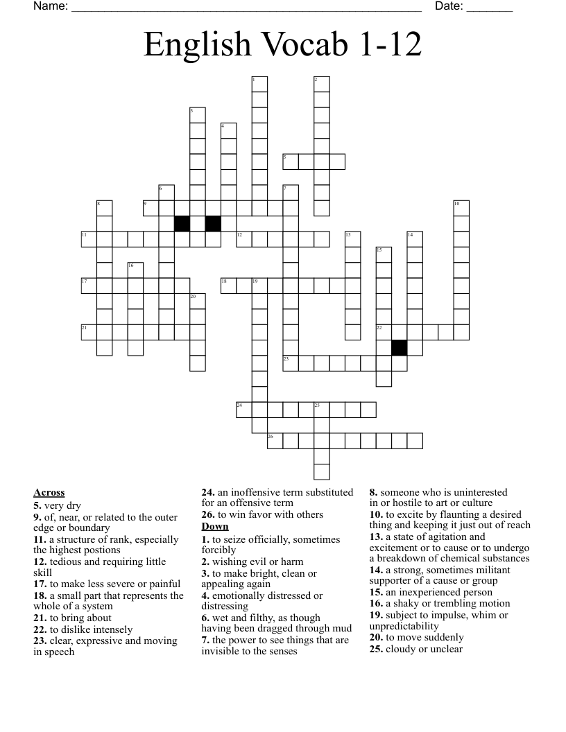 English Vocab 1-12 Crossword