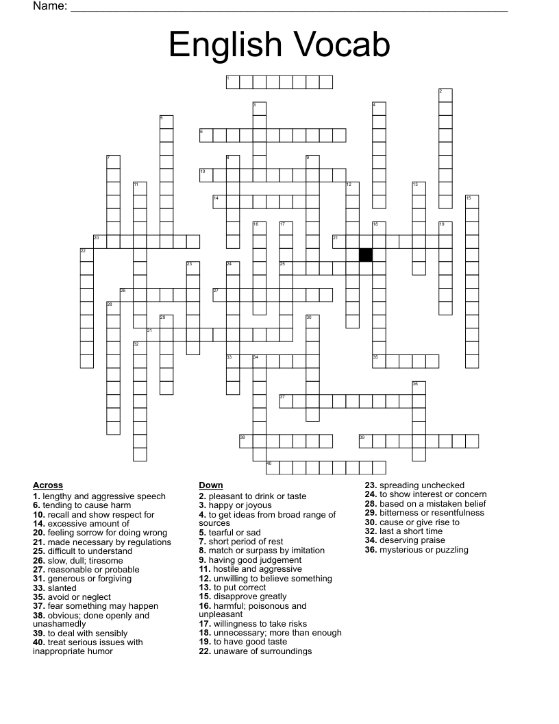 English Vocab Crossword