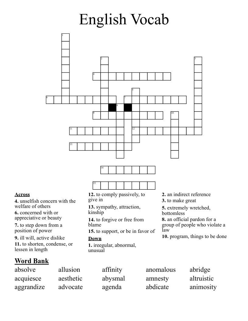 English Vocab Crossword