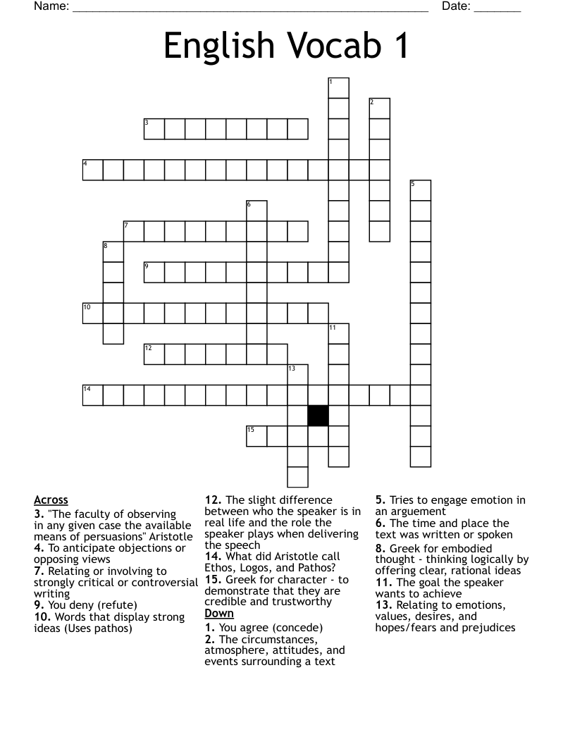 English Vocab 1 Crossword