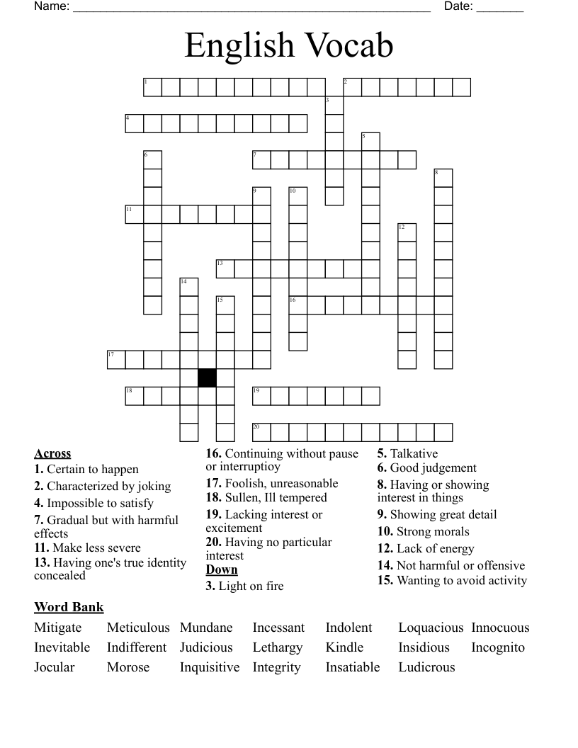 English Vocab Crossword