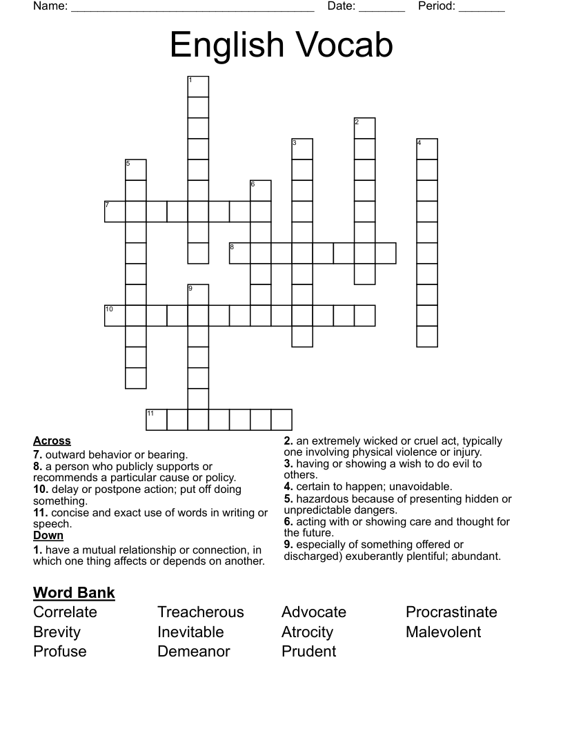 English Vocab Crossword