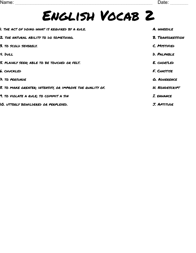 English Vocab 2 Worksheet
