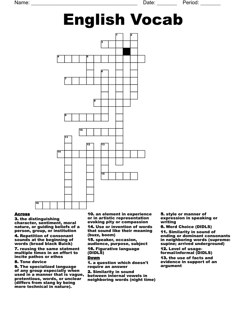 English Vocab Crossword
