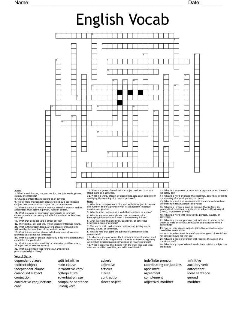 English Vocab Crossword