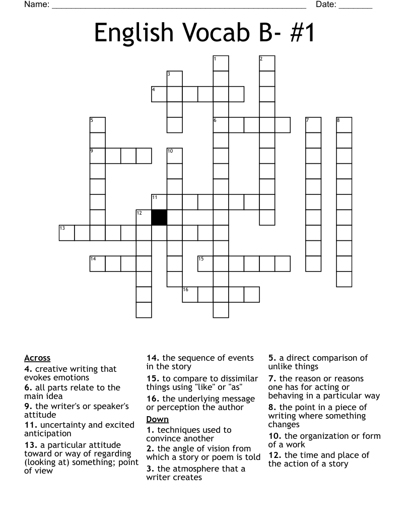 English Vocab B- #1 Crossword