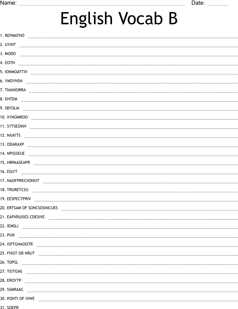 English Vocab B Word Scramble