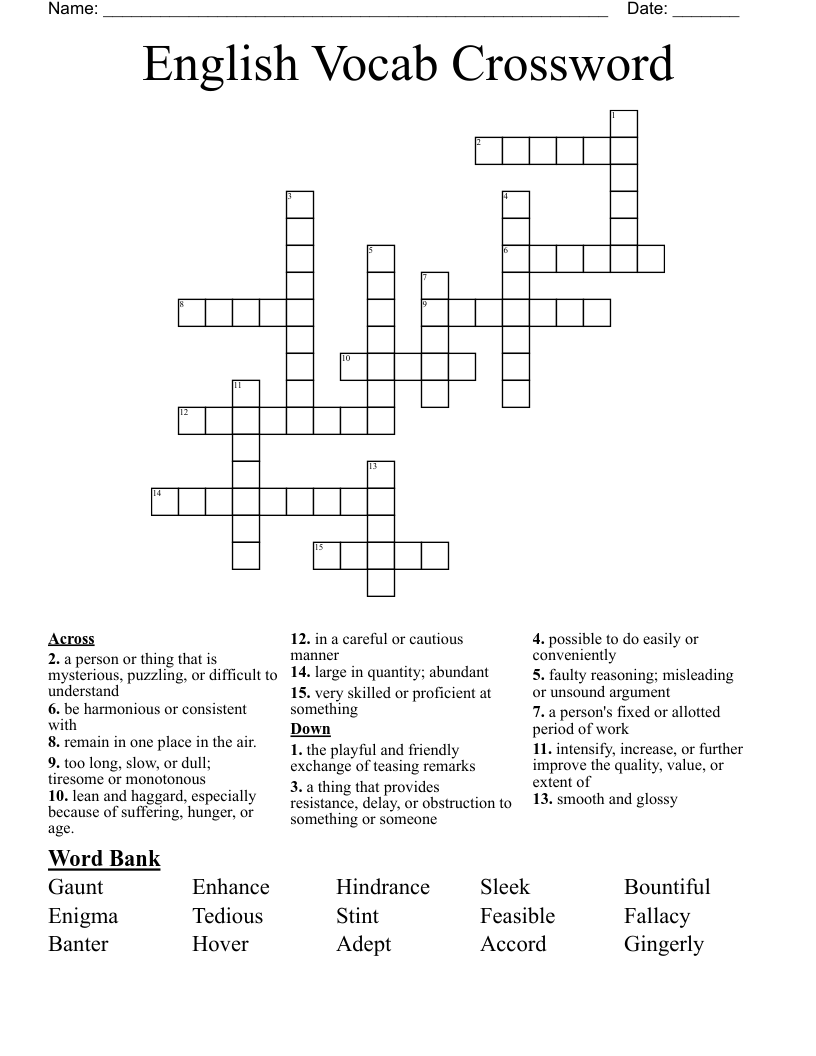 English Vocab Crossword