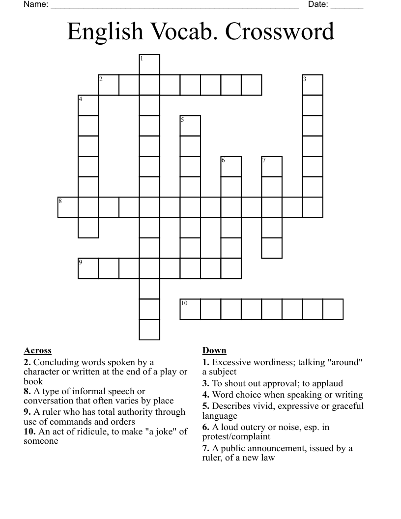 English Vocab. Crossword