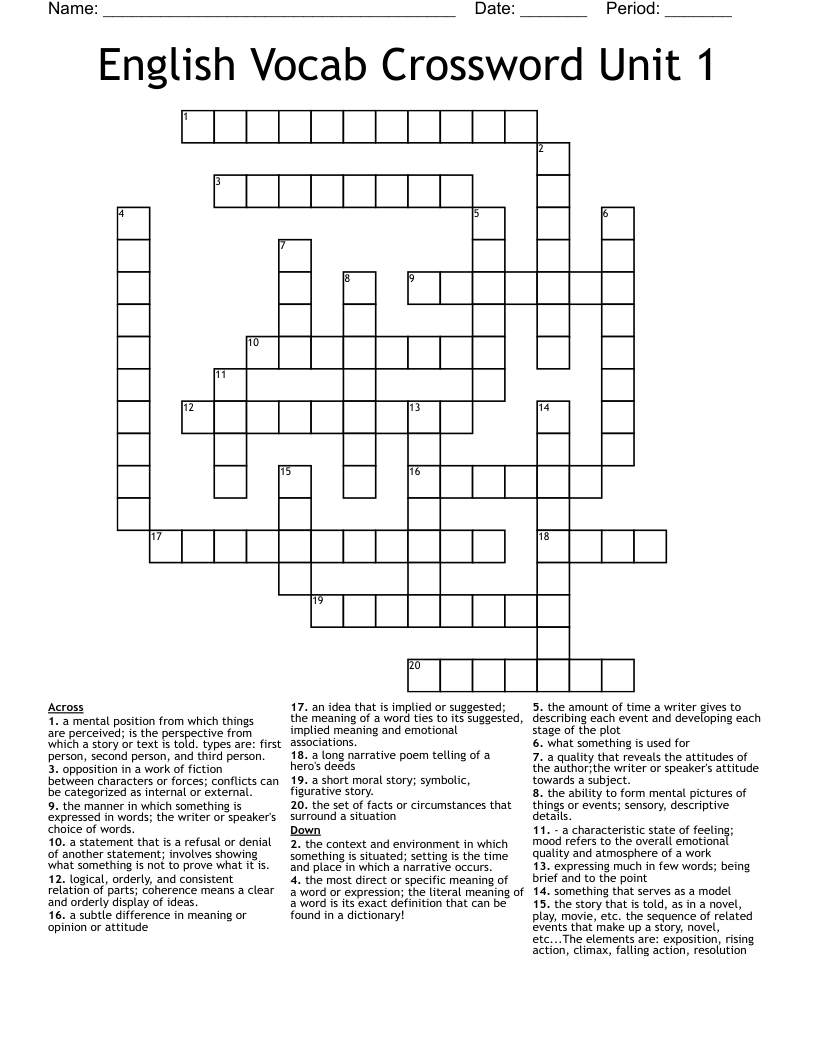 English Vocab Crossword  Unit 1 