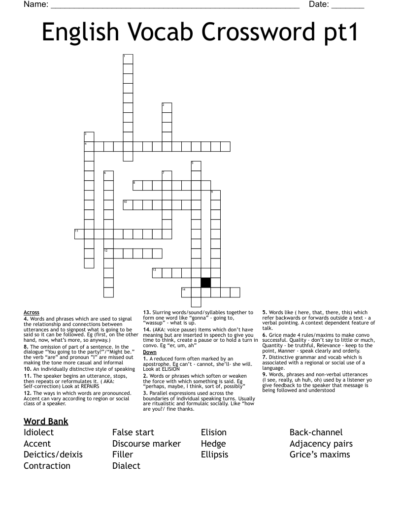 English Vocab Crossword pt1