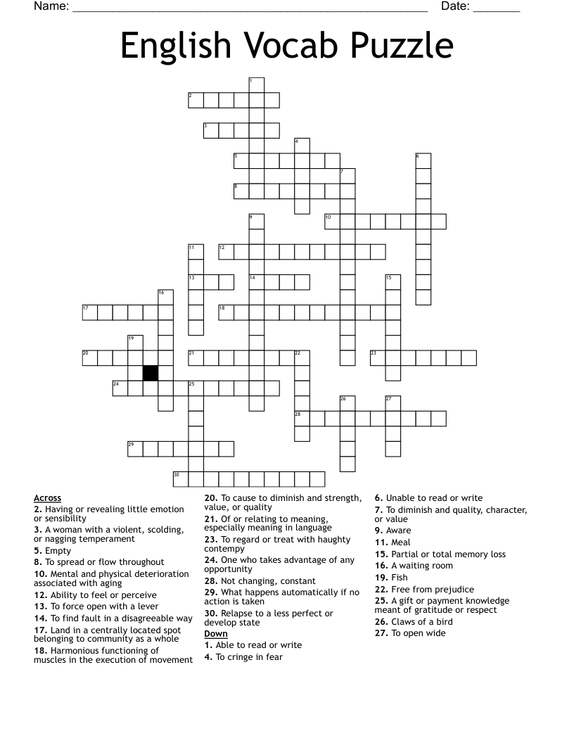 English Vocab Puzzle Crossword