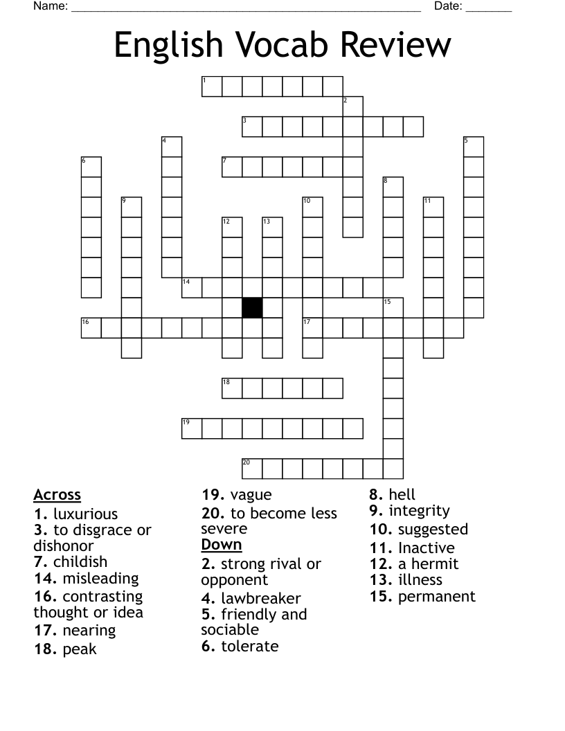 English Vocab Review Crossword