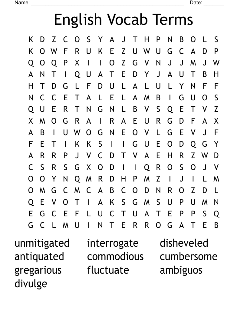 English Vocab Terms Word Search