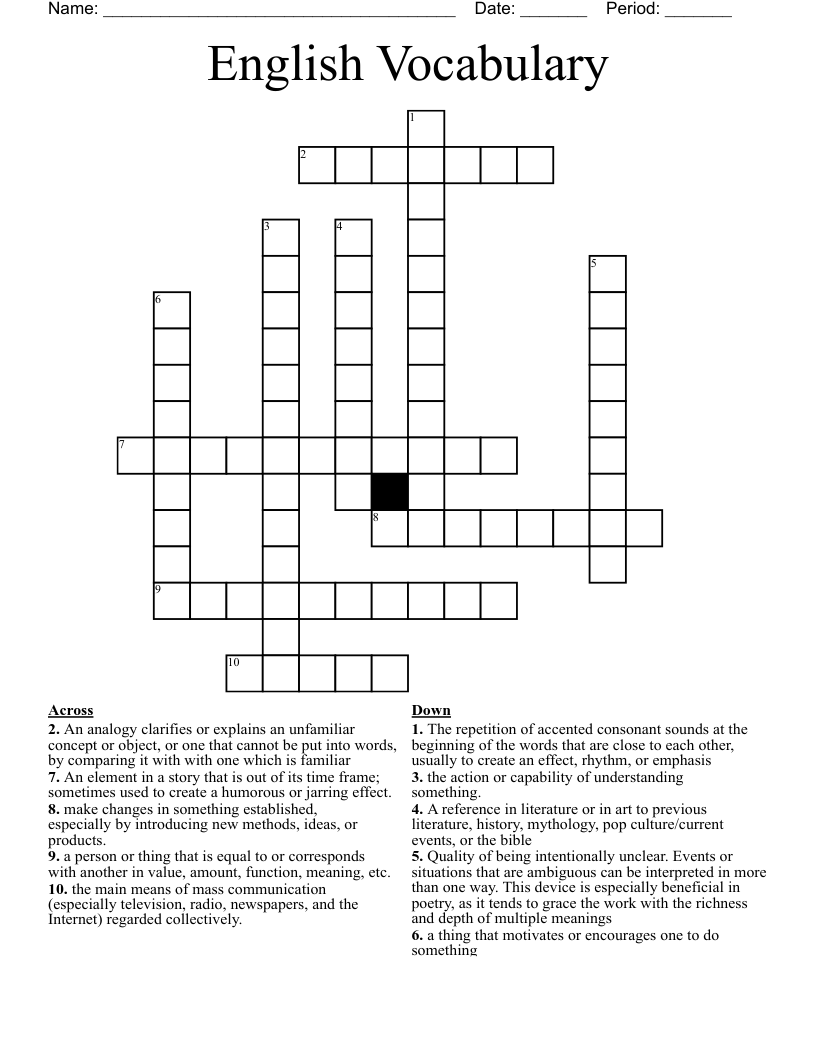 English Vocabulary Crossword