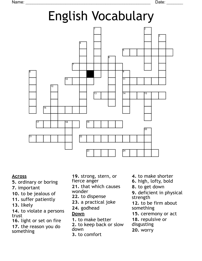 English Vocabulary Crossword