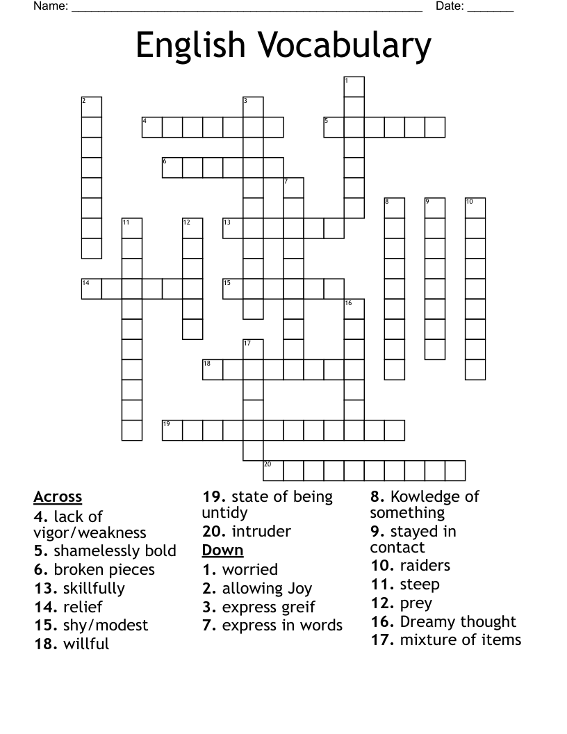 English Vocabulary Crossword
