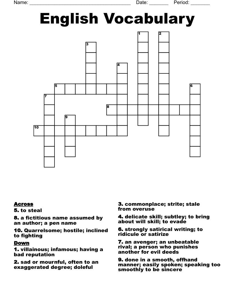English Vocabulary Crossword