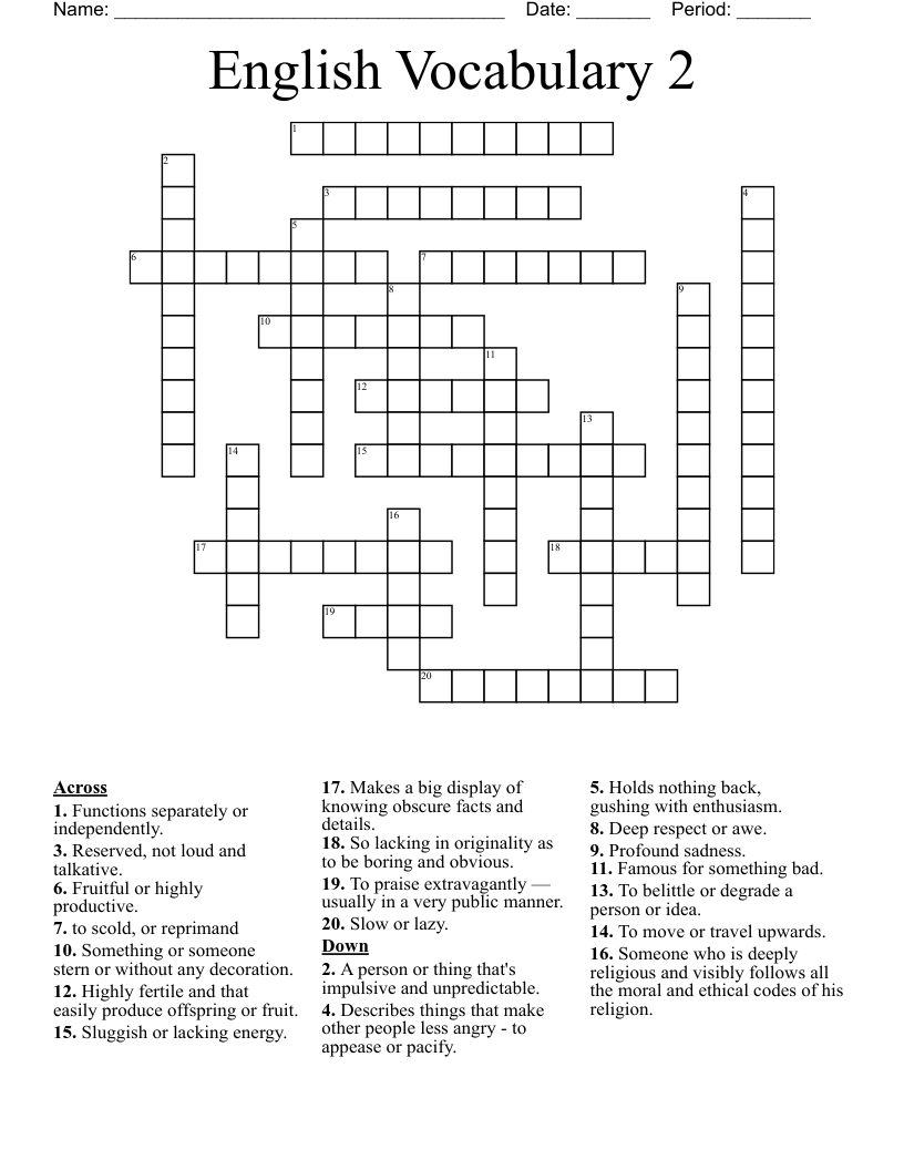 English Vocabulary 2 Crossword