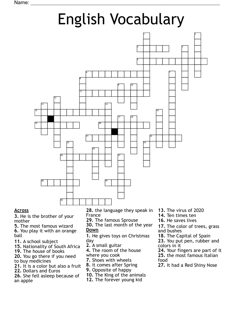 English Vocabulary Crossword