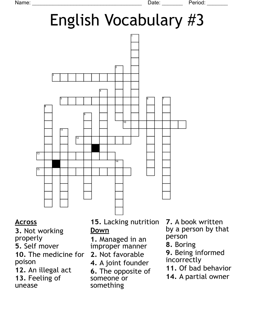 English Vocabulary #3 Crossword