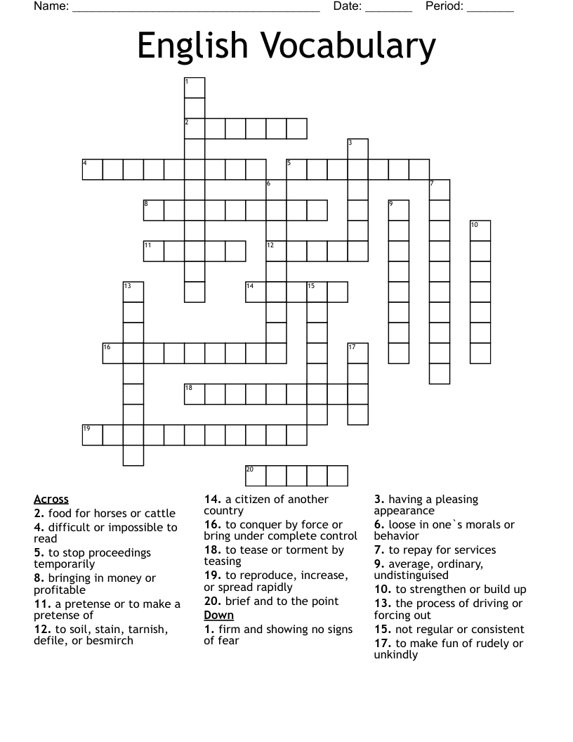 English Vocabulary Crossword