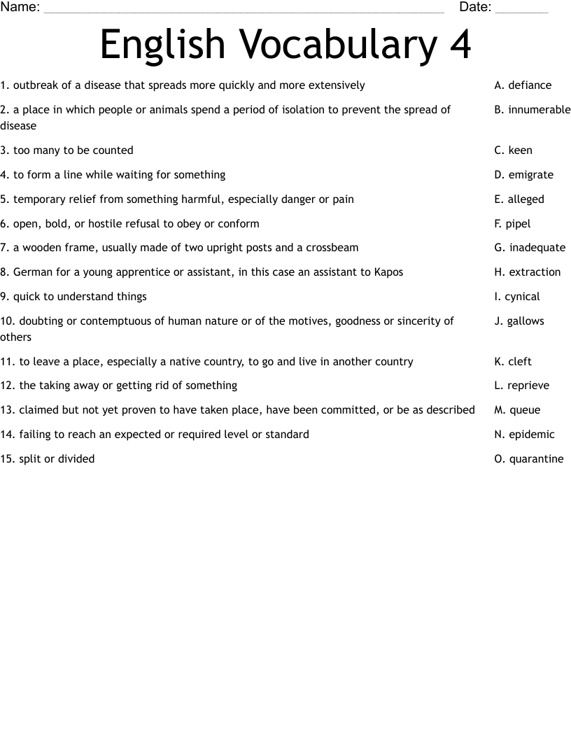 English Vocabulary 4 Worksheet