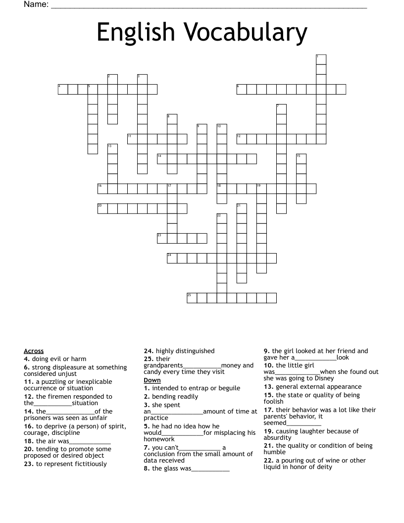 English Vocabulary Crossword