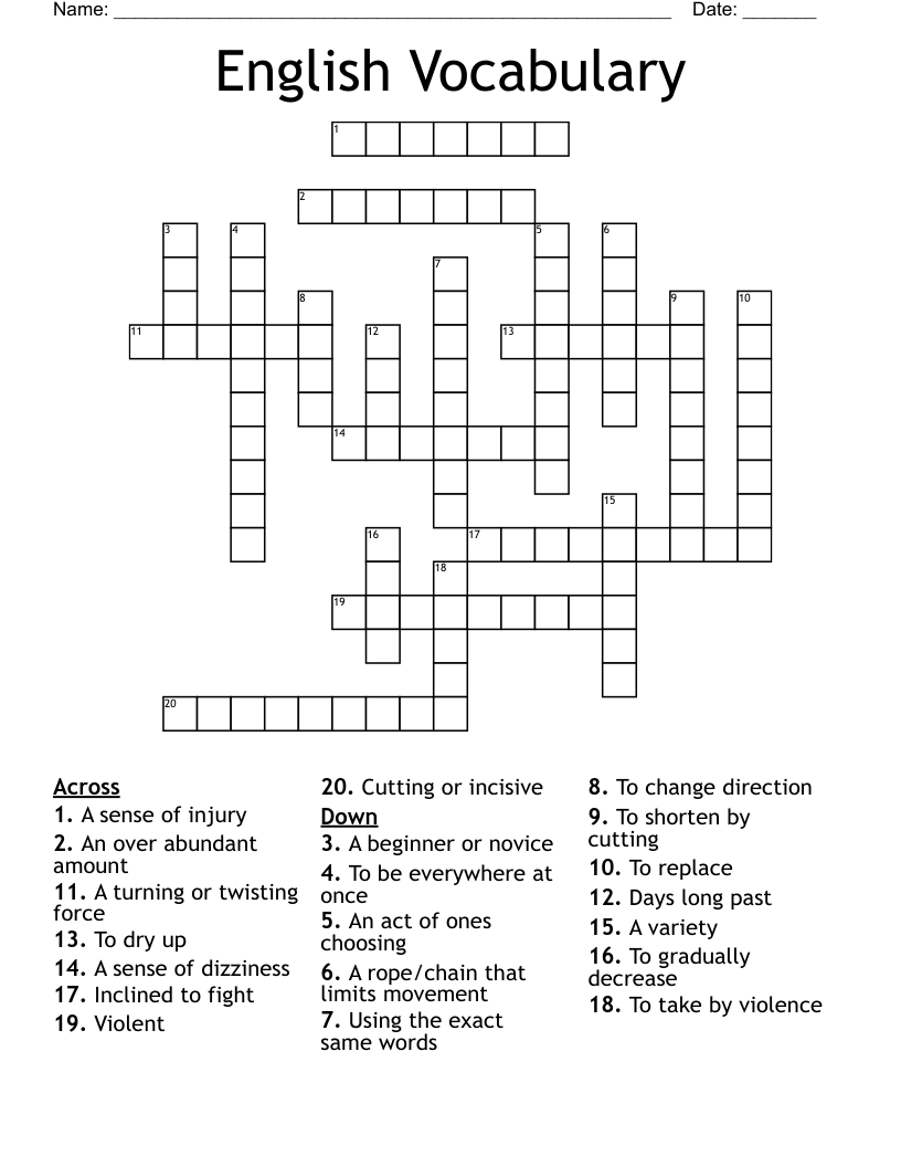 English Vocabulary Crossword