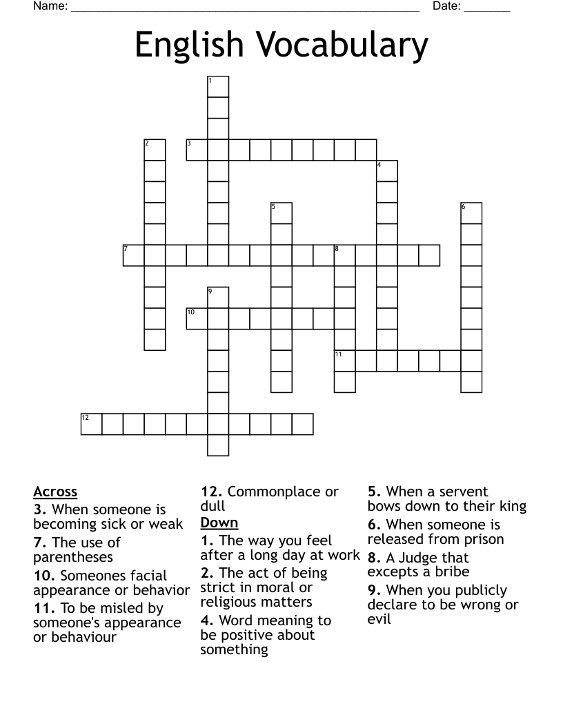 English Vocabulary Crossword