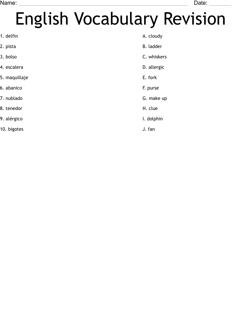 English Vocabulary Revision Worksheet