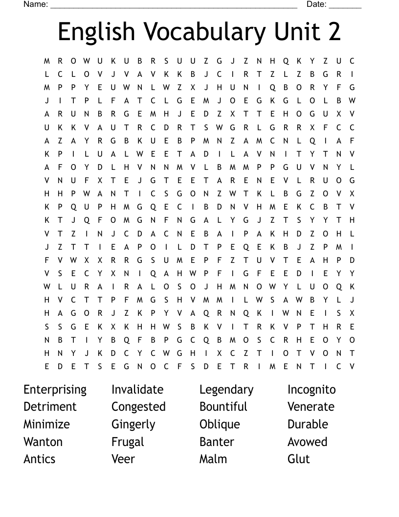 English Vocabulary Unit 2 Word Search