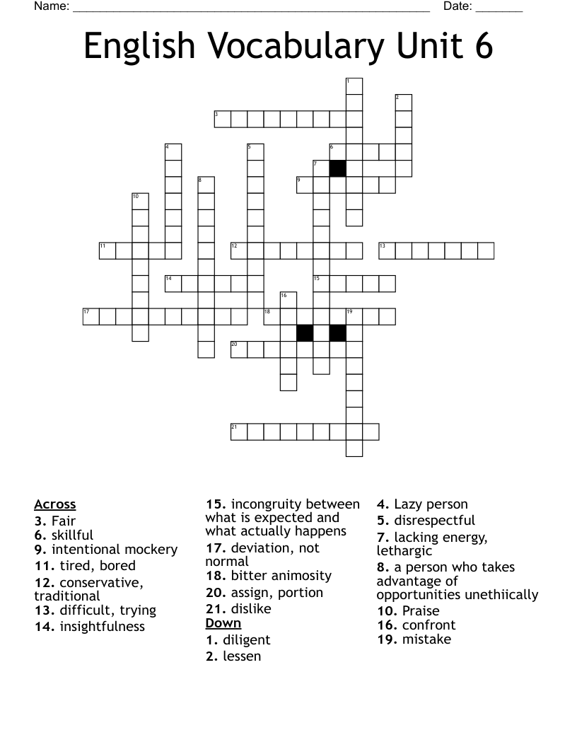 English Vocabulary Unit 6 Crossword