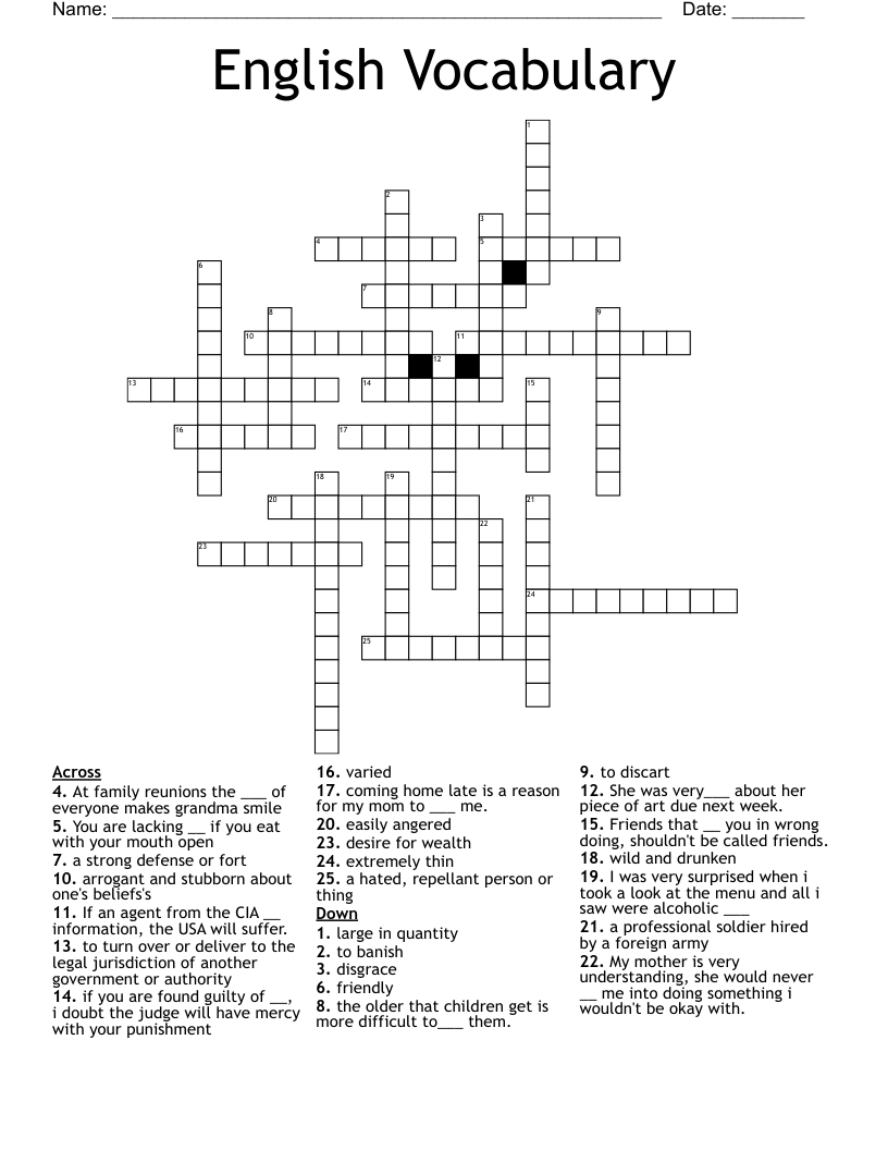 English Vocabulary  Crossword