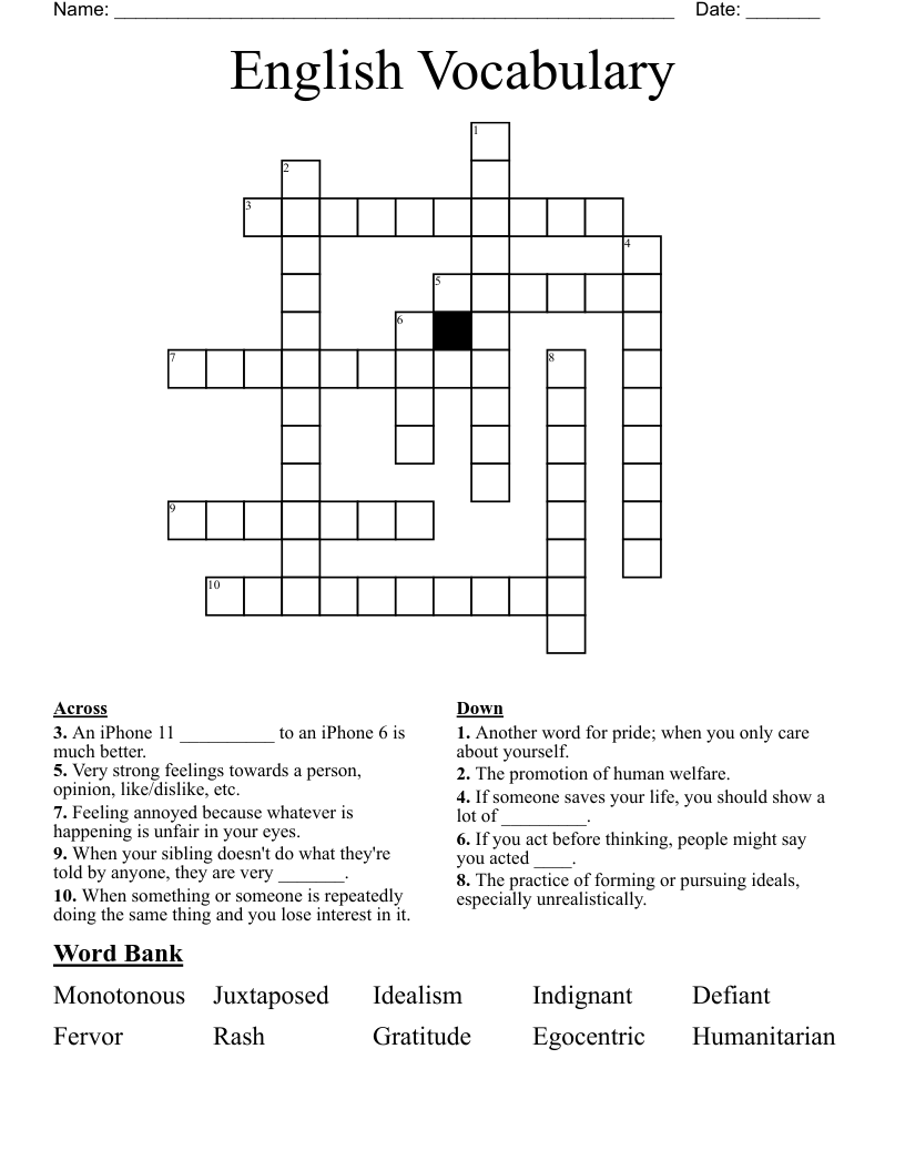 English Vocabulary  Crossword