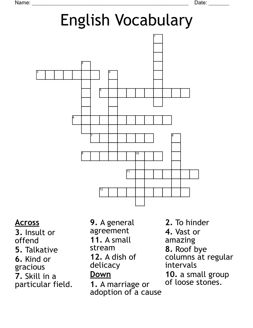 English Vocabulary  Crossword