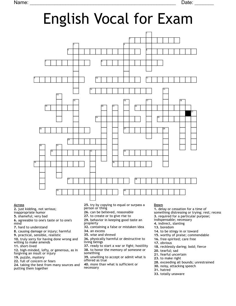 English Vocal for Exam Crossword