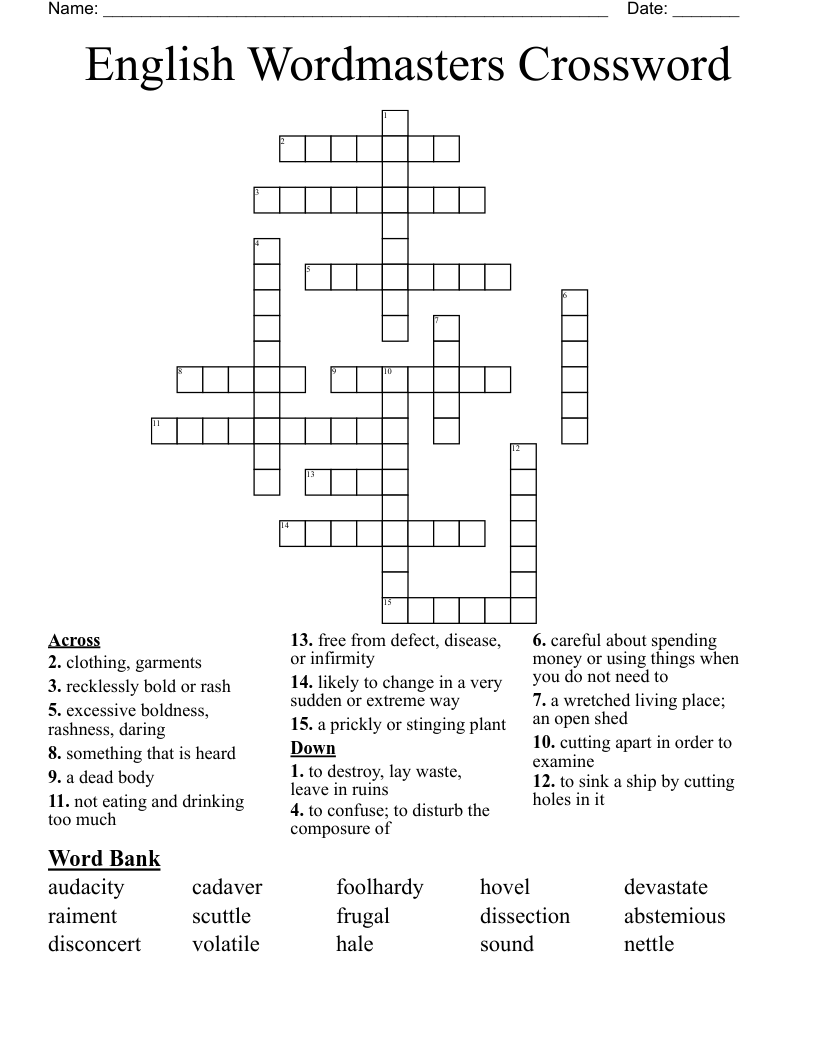 English Wordmasters Crossword