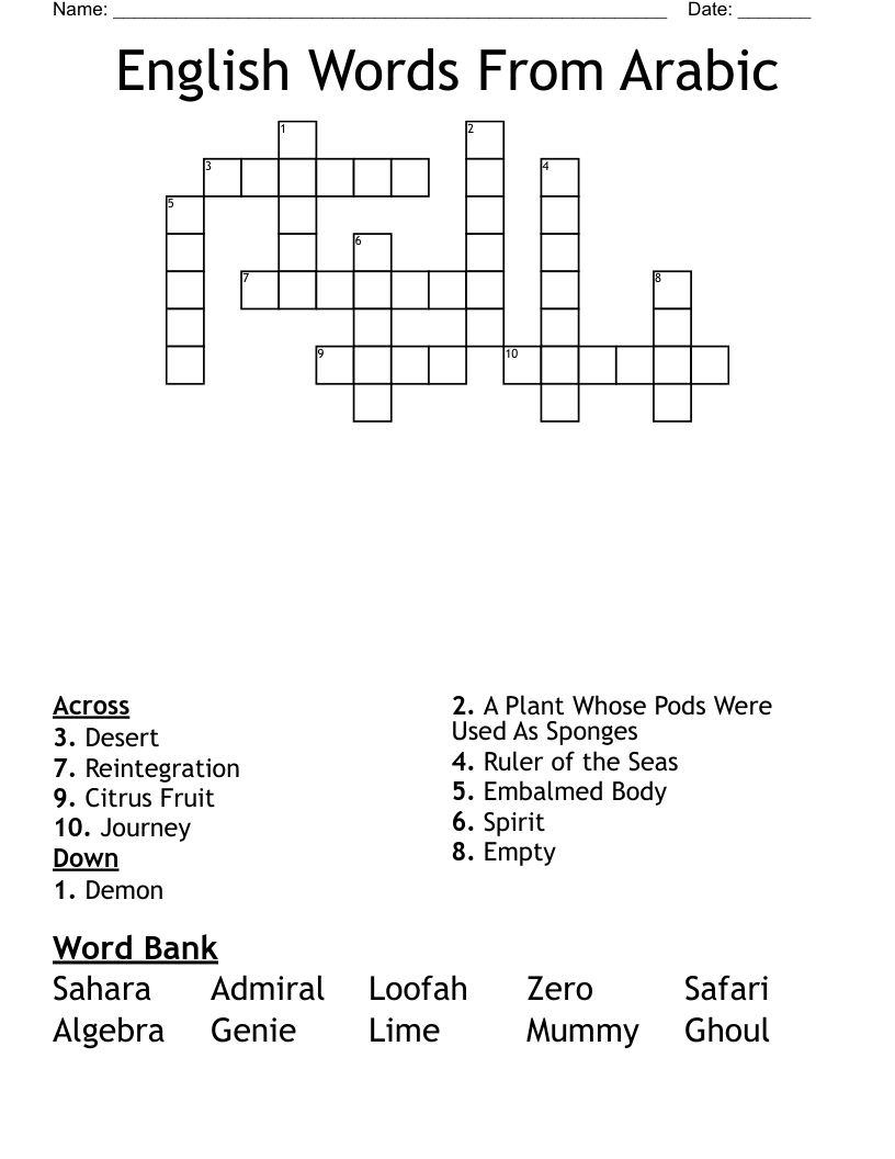 English Words From Arabic Crossword