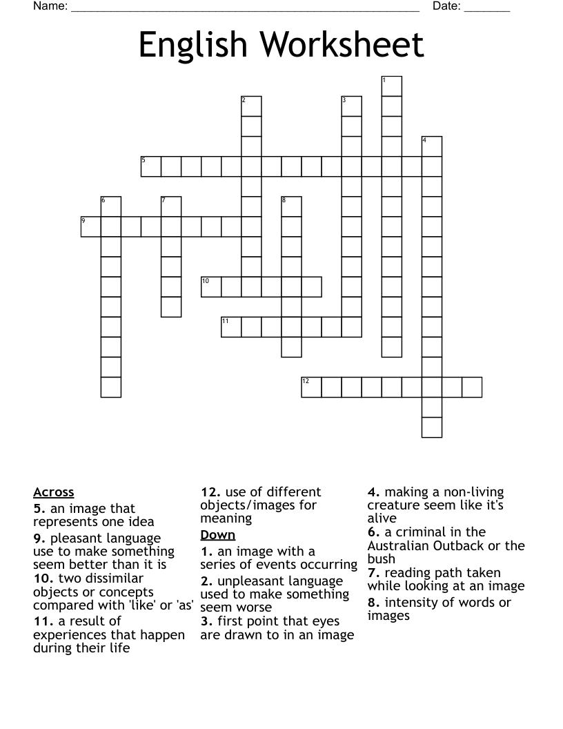 English Worksheet Crossword