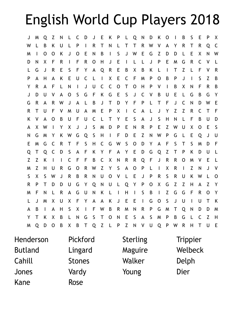 English World Cup Players 2018 Word Search