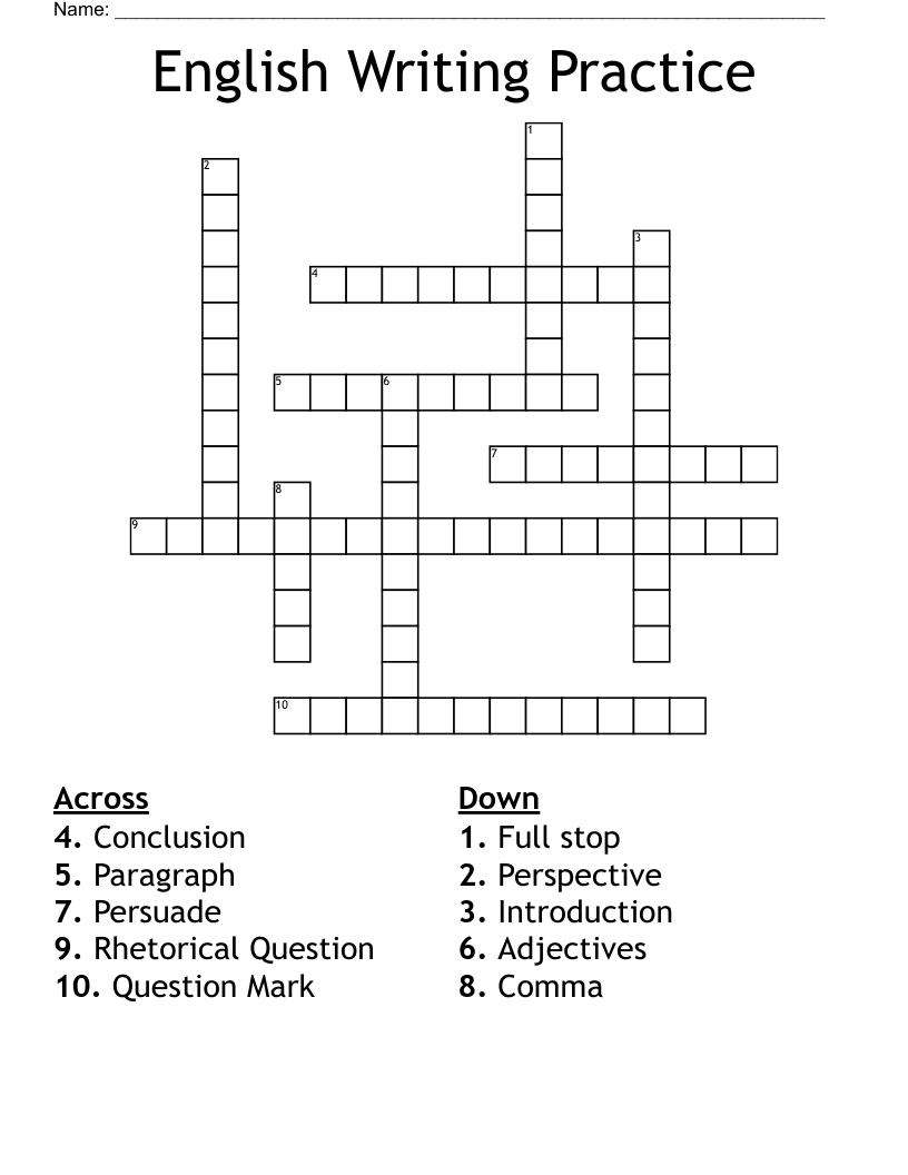 English Writing Practice Crossword