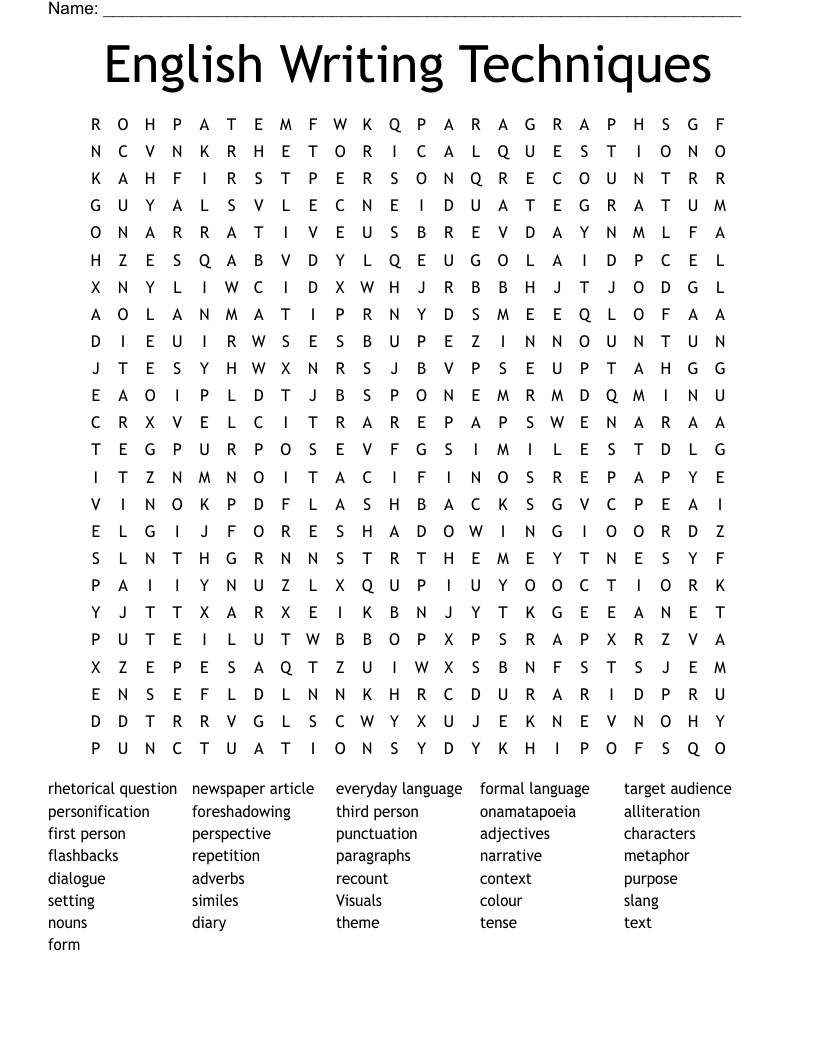 English Writing Techniques Word Search